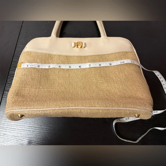 Vintage Etienne Aigner Straw Leather Top Handle Handbag Beige - Picture 10 of 13